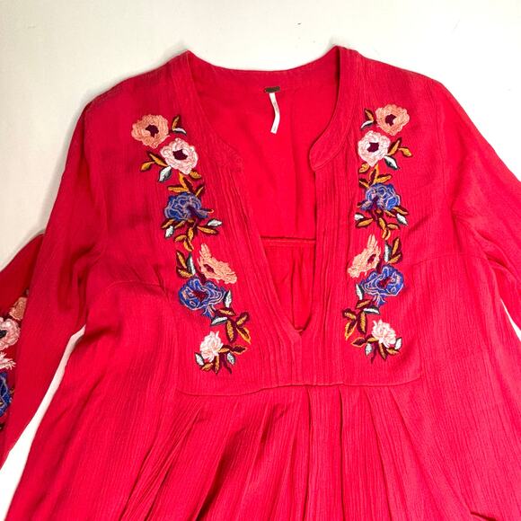 Free People Mia Red Floral Embroidered Gauze Long Sleeve Mini Swing Dress S - Picture 7 of 11
